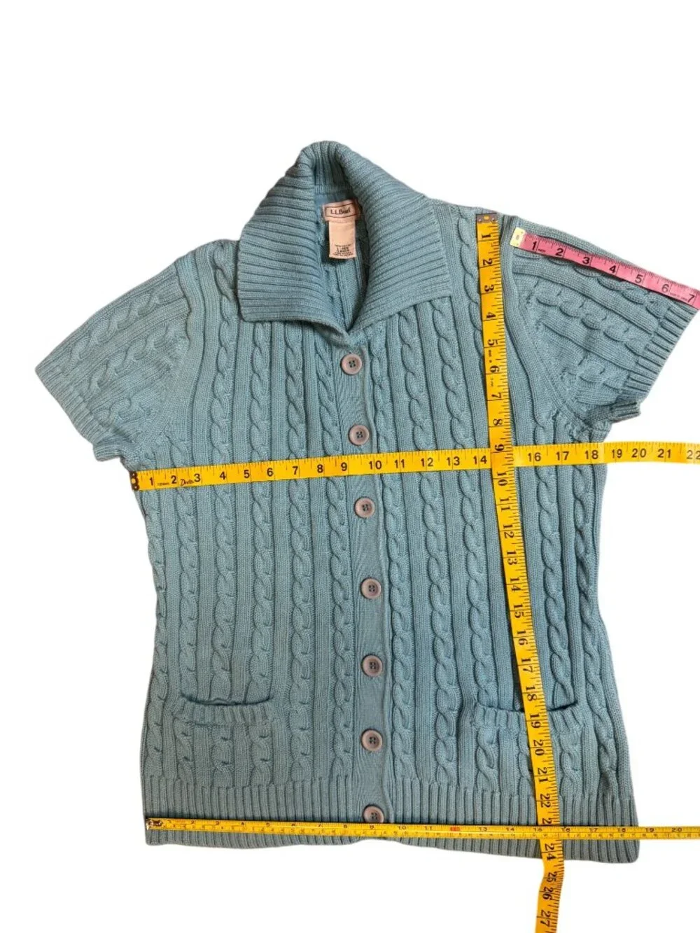 L.L.Bean Blue Cable Knit Cardigan Sweater Short Sleeve Women’s L - Picture 3 of 5